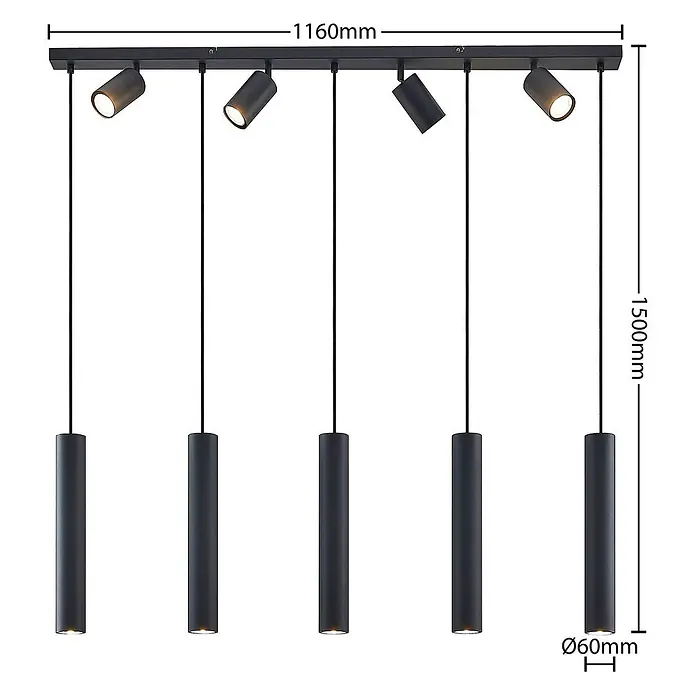 Lindby Pendelleuchte Sanad - L x B x H: 116 x 6 x 40 cm, schwarz, sandSchwarz, GU10 - Moderne schwarze lineare Deckenleuchte mit fünf verstellbaren Strahlern und fünf zylindrischen Pendelleuchten.
