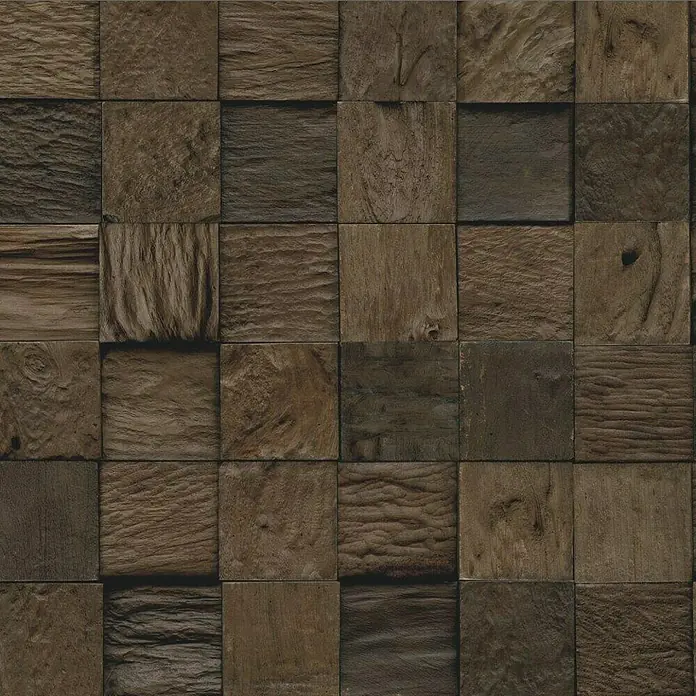 Indo Wandpaneel 3D Wall Classic & Cube Sulawesi - Teak, 552 x 184 x 10 mm, 1,016 m² - Braunfarbene Holzpaneele mit verschiedenen Texturen, die ein warmes und natürliches Ambiente erzeugen. Perfekt für rustikale Innenräume.