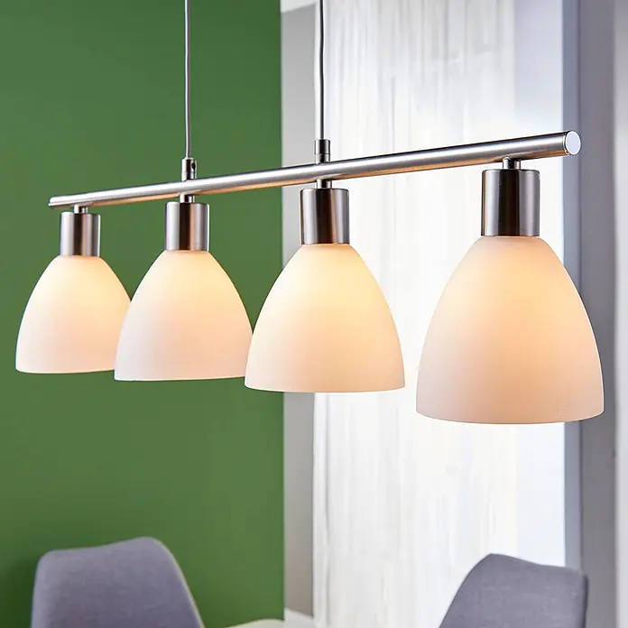 Lindby Pendelleuchte Simeon - L x B x H: 72,5 x 13 x 12 cm, weiß, nickel matt, E14 - Lineare Pendelleuchte mit vier mattierten Glasschirmen und einer gebürsteten Metallstange.