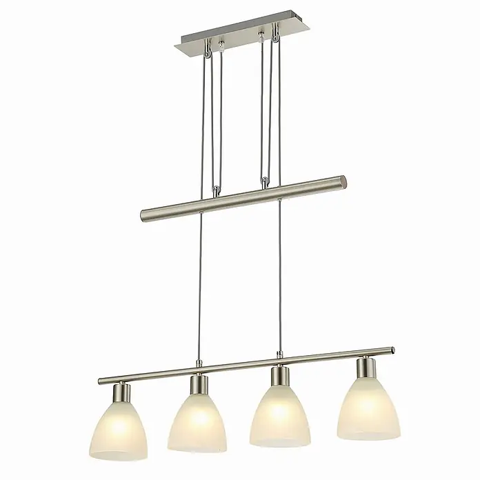 Lindby Pendelleuchte Simeon - L x B x H: 72,5 x 13 x 12 cm, weiß, nickel matt, E14 - Lineare Pendelleuchte mit vier Milchglasschirmen und gebürstetem silberfarbenem Metall.
