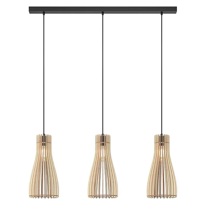 Envostar Pendelleuchte Furn - Holz hell, Schwarz, holz hell, E27 - Dreiflammige Pendelleuchte mit schwarzem Deckenbalken und drei hellen Holzlamellenschirmen.