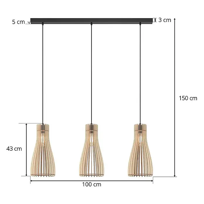 Envostar Pendelleuchte Furn - Holz hell, Schwarz, holz hell, E27 - Dreifache Pendelleuchte mit schwarzer Deckenleiste und drei hellen Holzlamellenschirmen für moderne Beleuchtung.