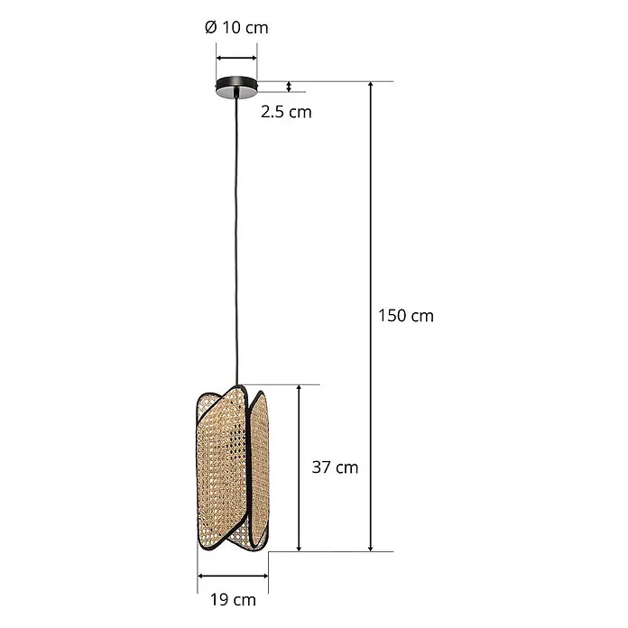 Lucande Pendelleuchte Bassiola - L x B x H: 19 x 19 x 37 cm, Holz hell, Schwarz, Holz hell, E27 - Pendelleuchte mit schwarzer Deckenrosette, schwarzem Kabel und einem naturfarbenen, geflochtenen Schirm im Rattan-Stil.