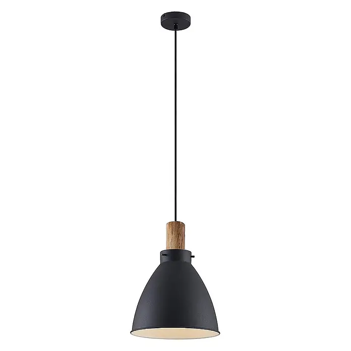 Lindby Pendelleuchte Trebale - schwarz, Schwarz, holz hell, E27 - Schwarze, kuppelförmige Pendelleuchte mit Naturholzdetail, schwarzem Kabel und Baldachin.