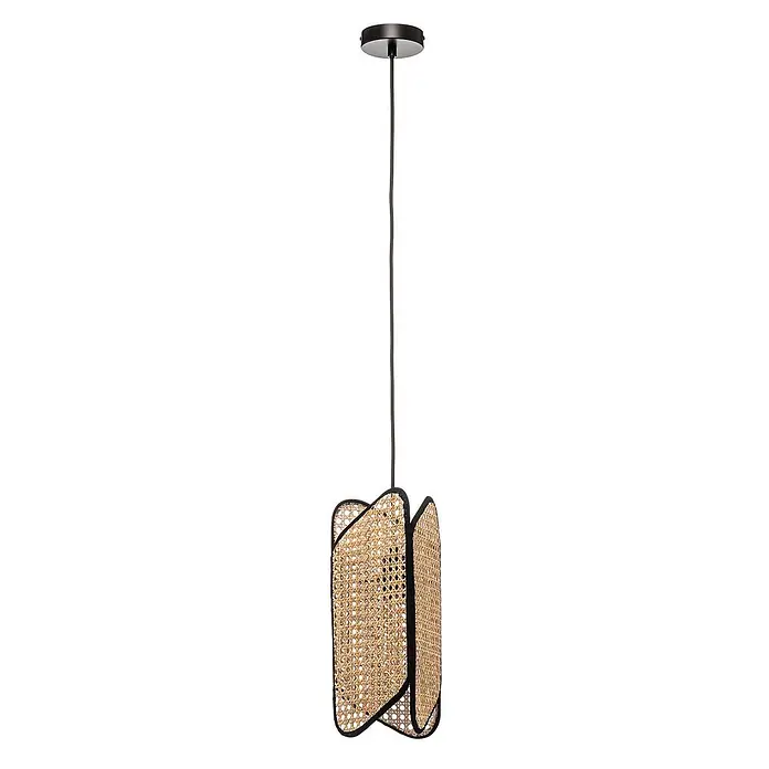 Lucande Pendelleuchte Bassiola - L x B x H: 19 x 19 x 37 cm, Holz hell, Schwarz, Holz hell, E27 - Schwarze Pendelleuchte mit Schirm aus Peddigrohrgeflecht und schwarzem Rand.
