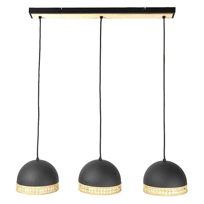 Lindby Pendelleuchte Lonnaris - L x B x H: 70 x 20 x 21 cm, schwarz, Schwarz, rattan natur, E14 - Dreiflammige Pendelleuchte mit schwarzen Kuppelschirmen, natürlichem Rattandetail und schwarz/Holz-Balken.
