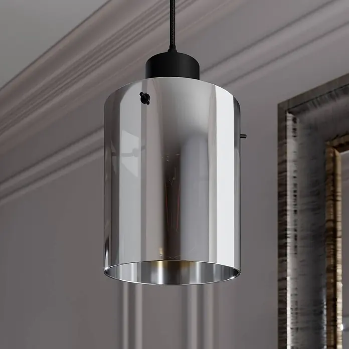 Lindby Pendelleuchte Kourtney - L x B x H: 15 x 15 x 18 cm, alu / grau / zink, Schwarz, rauchgrau, E27 - Zylindrische Pendelleuchte mit reflektierendem Silbergalsschirm und schwarzem Oberteil.