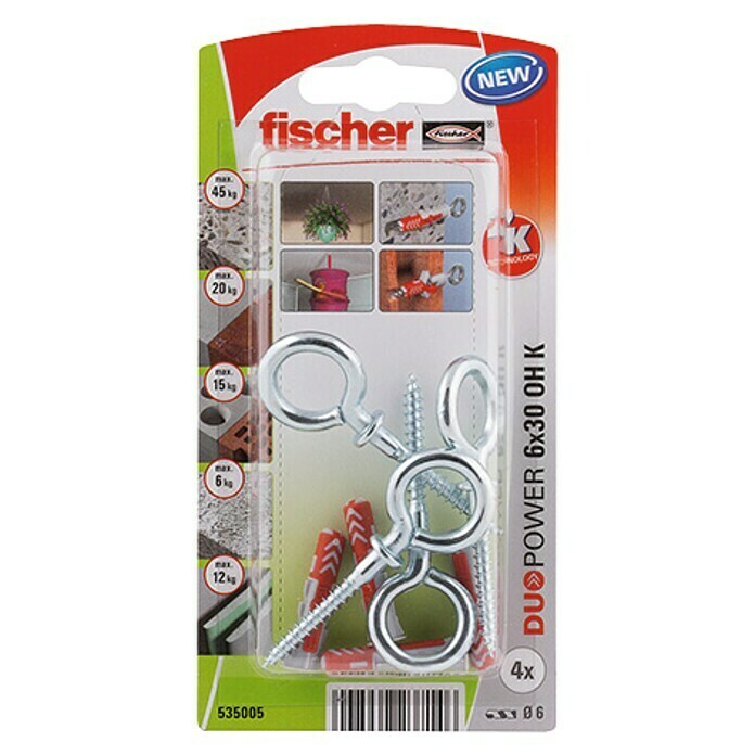 Fischer Duopower Set de tacos con gancho de ojo (Diámetro taco: 6 mm, Longitud taco: 30 mm, 4 uds.)