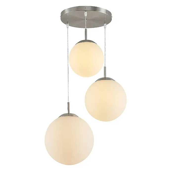 Lindby Pendelleuchte Heleska - weiß / opal, nickel matt, opalweiß, E27 - Moderne Dreiflammen-Pendelleuchte mit mattweißen Kugelglas-Schirmen und gebürsteter Metall-Deckenhalterung.