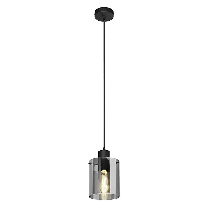 Lindby Pendelleuchte Kourtney - L x B x H: 15 x 15 x 18 cm, alu / grau / zink, Schwarz, rauchgrau, E27 - Schwarze Pendelleuchte mit zylindrischem Schirm aus Rauchglas und sichtbarer, warmweißer Glühbirne.