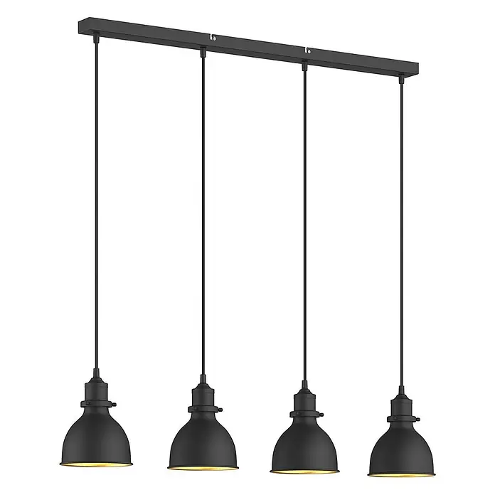 Lindby Pendelleuchte Jasminka - L x B x H: 97,5 x 15,5 x 20 cm, schwarz, Schwarz, gold, E27 - Schwarze lineare 4-flammige Hängeleuchte aus Metall mit Kuppelschirmem, die warmes Licht abstrahlt.