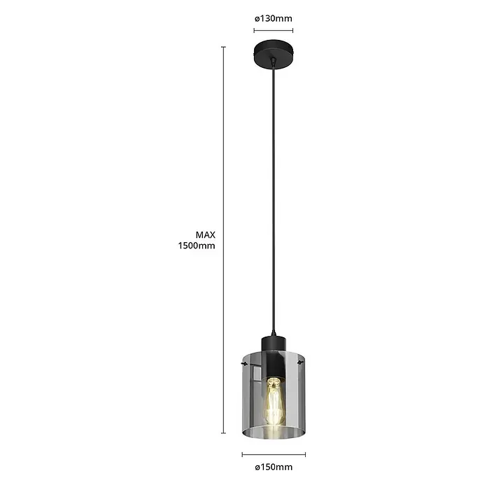 Lindby Pendelleuchte Kourtney - L x B x H: 15 x 15 x 18 cm, alu / grau / zink, Schwarz, rauchgrau, E27 - Schwarze Pendelleuchte mit zylindrischem Rauchglas-Schirm, ø150mm. Max. Länge 1500mm, Deckenrosette ø130mm.