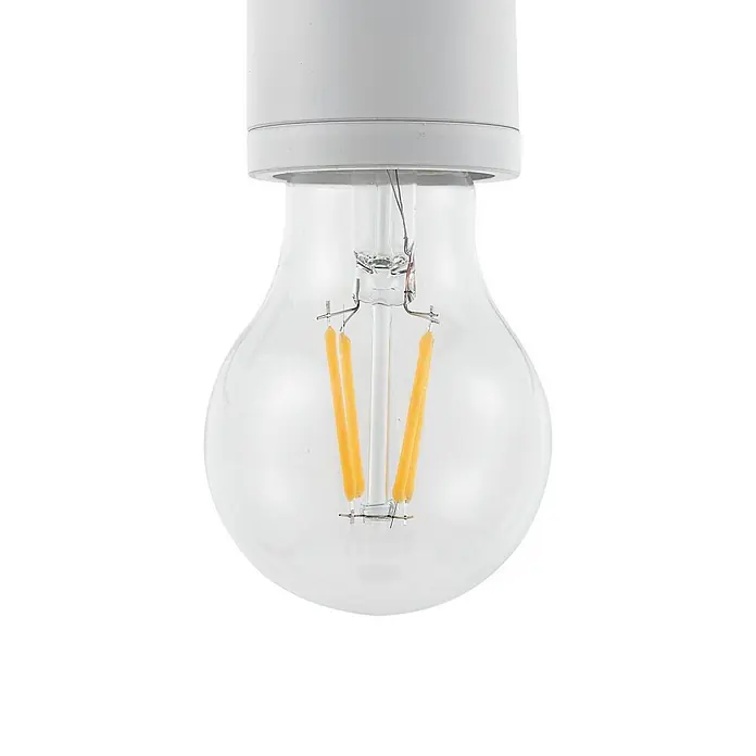 Lindby Pendelleuchte Hattie - weiß / opal, weiß, E27 - Klare LED-Glühbirne aus Glas mit sichtbaren gelben Filamenten und weißem Sockel.