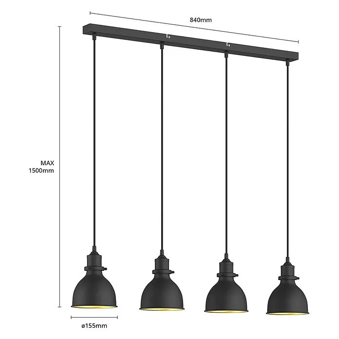 Lindby Pendelleuchte Jasminka - L x B x H: 97,5 x 15,5 x 20 cm, schwarz, Schwarz, gold, E27 - Schwarze Metall-4-Flammen-Pendelleuchte mit Industrie-Schirmen. Maße: L 840mm, max H 1500mm, Ø 155mm pro Schirm.