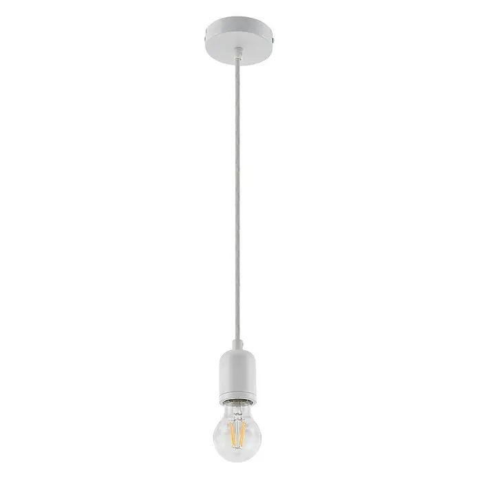 Lindby Pendelleuchte Hattie - weiß / opal, weiß, E27 - Weiße Pendelleuchte mit grauem Textilkabel und klarer LED-Glühbirne.