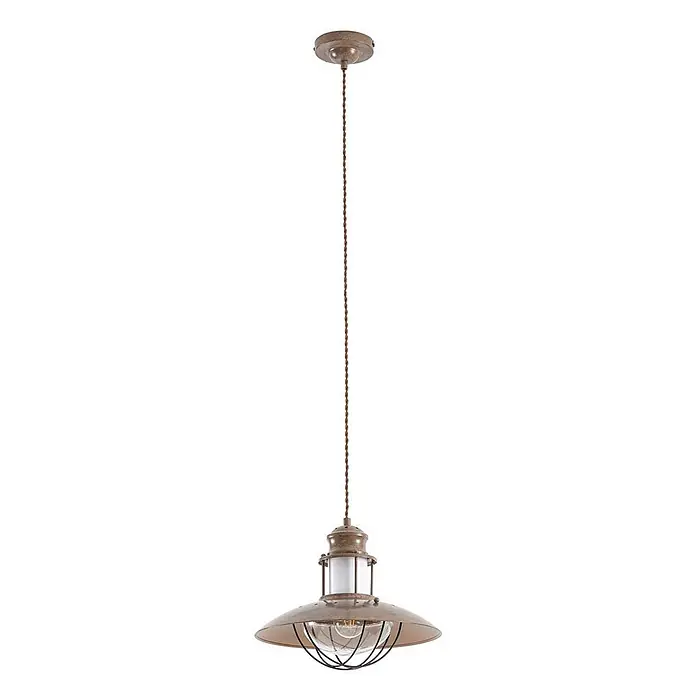 Lindby Pendelleuchte Louisanne - braun / rost, braun, klar, satiniert, E27 - Rustikale Pendelleuchte in Bronzeoptik mit geflochtenem Kabel, Glaskugel und Schutzgitter.