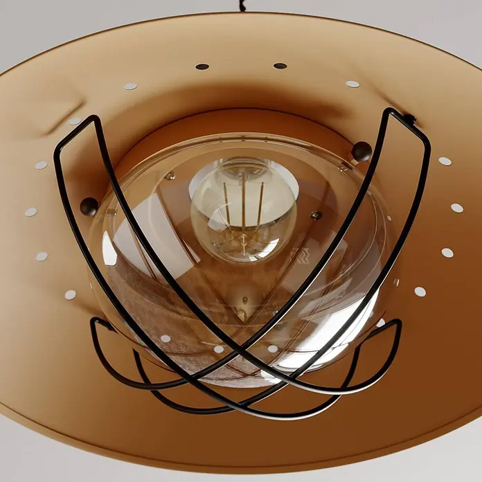 Lindby Pendelleuchte Louisanne - braun / rost, braun, klar, satiniert, E27 - Bronze-goldene Metall-Pendelleuchte mit schwarzem Drahtkäfig, der eine klare Glaskugel und Glühbirne umschließt.