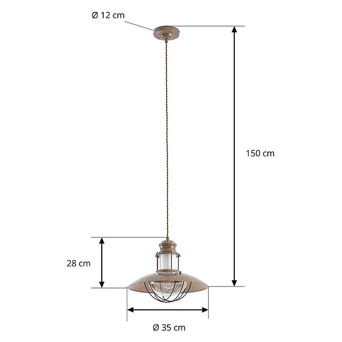 Lindby Pendelleuchte Louisanne - braun / rost, braun, klar, satiniert, E27 - Industrielle Hängeleuchte aus Altmessing mit Metallschirm, Klarglas und gedrehtem Textilkabel.