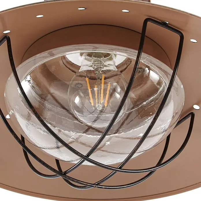Lindby Pendelleuchte Louisanne - braun / rost, braun, klar, satiniert, E27 - Rustikale braune Deckenleuchte mit klarer Glaskuppel und sichtbarer LED-Glühlampe, geschützt durch ein dunkles Metallgitter.
