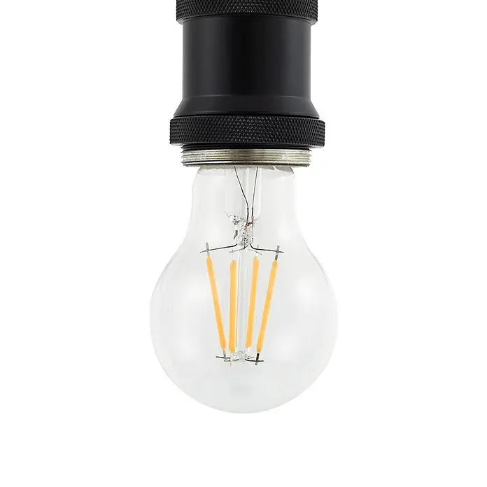 Lindby Pendelleuchte Hattie - L x B x H: 5 x 5 x 6,5 cm, schwarz, Schwarz, E27 - Klare LED-Filament-Glühbirne mit sichtbaren gelben Filamenten, in eine schwarze gerändelte Lampenfassung geschraubt.