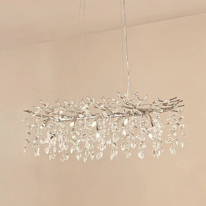 Lucande Pendelleuchte Bellora - L x B x H: 101 x 45 x 32 cm, klar / transparent, chrom, transparent, G9 - Rechteckiger Chrom-Kronleuchter mit Aststruktur und klaren Kristalltropfen, von der Decke hängend.