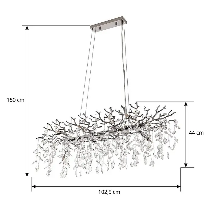 Lucande Pendelleuchte Bellora - L x B x H: 101 x 45 x 32 cm, klar / transparent, chrom, transparent, G9 - Rechteckiger silberner Kronleuchter mit verzweigten Armen und klaren Kristalltropfen, 102,5 cm lang.