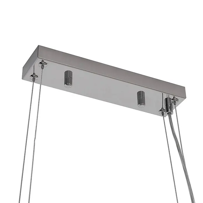 Lucande Pendelleuchte Bellora - L x B x H: 101 x 45 x 32 cm, klar / transparent, chrom, transparent, G9 - Rechteckige Montagebasis aus gebürstetem Metall mit zwei zylindrischen strukturierten Elementen und Aufhängedrähten.