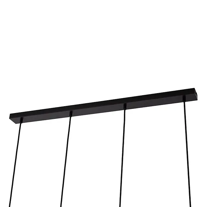 Lindby Pendelleuchte Tirane - L x B x H: 94 x 16 x 13 cm, Multicolour, Schwarz, weiß, Grün, gelb, E27 - Schwarze rechteckige Deckenplatte für eine mehrflammige Pendelleuchte mit hängenden Kabeln.