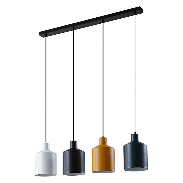 Lindby Pendelleuchte Tirane - L x B x H: 94 x 16 x 13 cm, Multicolour, Schwarz, weiß, Grün, gelb, E27 - Vierflammige lineare Pendelleuchte mit schwarzer Stange und zylindrischen Metallschirmen in Weiß, Schwarz, Senf und Dunkelgrau.