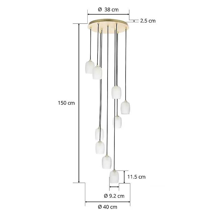 Lucande Pendelleuchte Taylan - L x B x H: 40 x 40 x 150 cm, weiß / opal, messing, sandweiß, G9 - Mehrflammige Deckenleuchte mit weißen Glasschirmen und goldfarbener Holzplatte, 150 cm lang.
