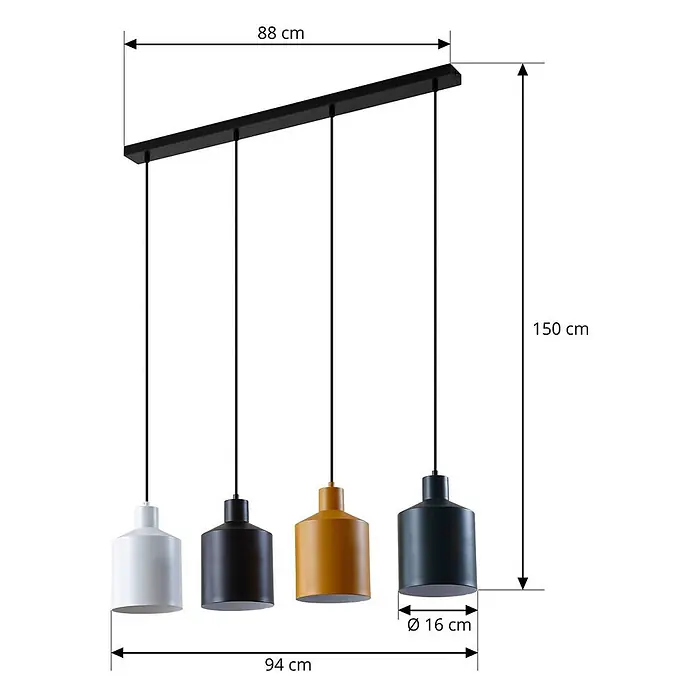 Lindby Pendelleuchte Tirane - L x B x H: 94 x 16 x 13 cm, Multicolour, Schwarz, weiß, Grün, gelb, E27 - Vierflammige Metall-Pendelleuchte mit weißen, schwarzen und senfgelben Schirmen. Länge 94 cm, Höhe 150 cm, Schirmdurchmesser 16 cm.