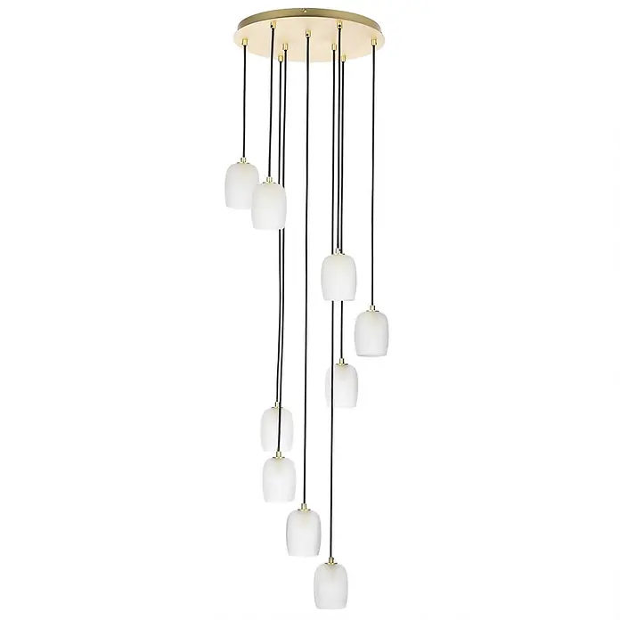 Lucande Pendelleuchte Taylan - L x B x H: 40 x 40 x 150 cm, weiß / opal, messing, sandweiß, G9 - Mehrflammige Pendelleuchte mit Messing-Deckenplatte, schwarzen Kabeln und weißen Milchglas-Schirmen.