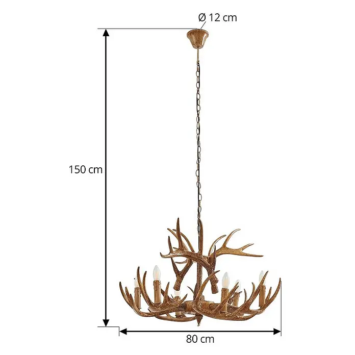 Lindby Pendelleuchte Fibi - braun / rost, braun rustikal, E14 - Brauner geweihförmiger Kronleuchter mit mehreren kerzenförmigen Lichtern, 150 cm hoch und 80 cm breit.