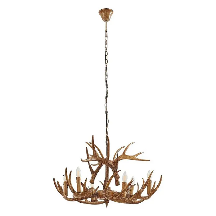 Lindby Pendelleuchte Fibi - braun / rost, braun rustikal, E14 - Rustikaler, brauner Hirschgeweih-Kronleuchter mit mehreren kerzenförmigen Glühbirnen, an einer Kette hängend.