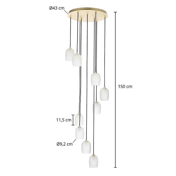 Lucande Pendelleuchte Taylan - L x B x H: 40 x 40 x 150 cm, weiß / opal, messing, sandweiß, G9 - Neunflammige Pendelleuchte mit goldener Deckenplatte und weißen Glasschirmen, 150 cm lang.
