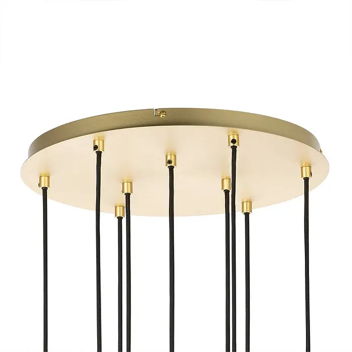 Lucande Pendelleuchte Taylan - L x B x H: 40 x 40 x 150 cm, weiß / opal, messing, sandweiß, G9 - Goldene Deckenrosette mit mehreren schwarzen Textilkabeln für Pendelleuchten.