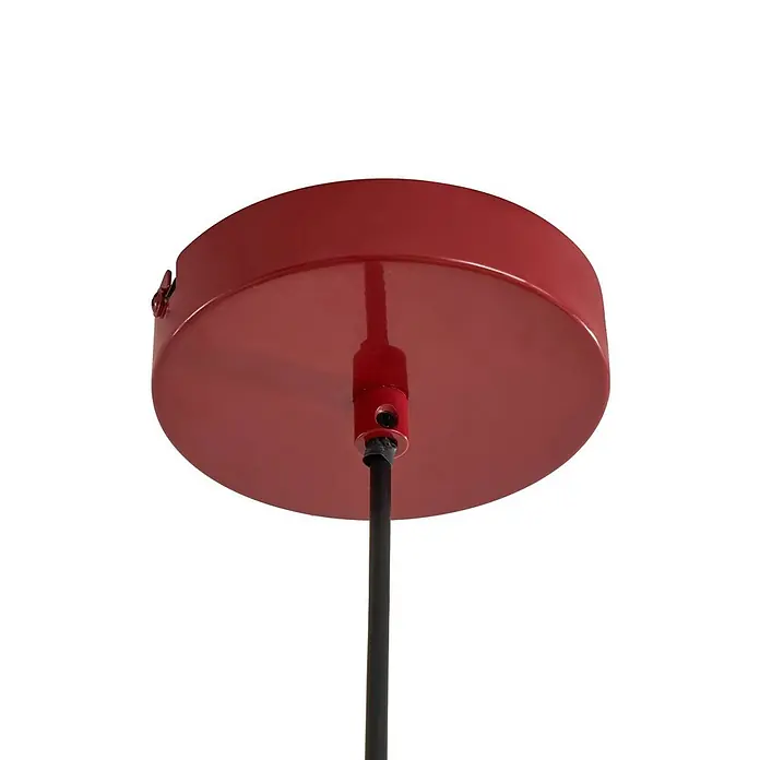 Lindby Pendelleuchte Tivra - L x B x H: 35 x 35 x 27 cm, rot, Rot, E27 - Rote Deckenrosette aus Metall für eine Pendelleuchte, mit einem schwarzen Kabel in der Mitte.