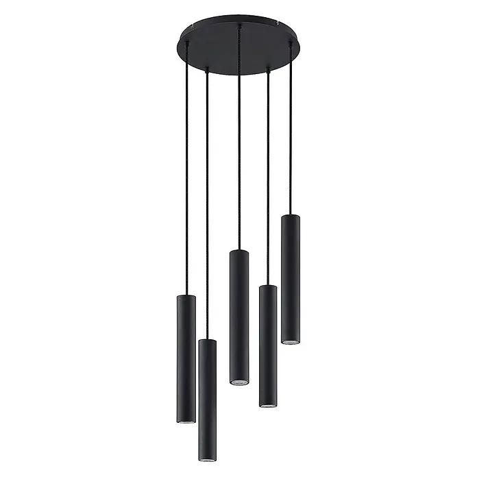 Lindby Pendelleuchte Sanad - L x B x H: 40 x 40 x 40 cm, schwarz, sandSchwarz, GU10 - Schwarze Pendelleuchte mit fünf zylindrischen Schirmen an einer runden Deckenplatte.