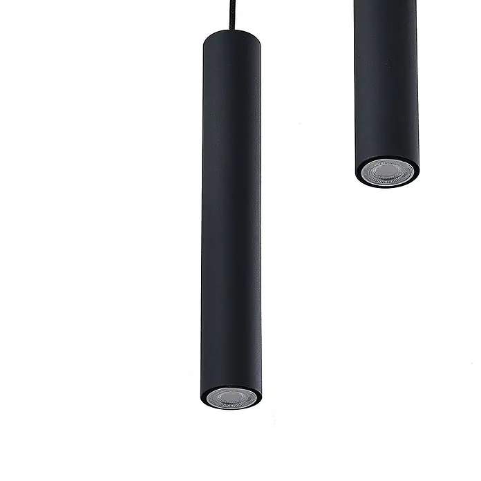 Lindby Pendelleuchte Sanad - L x B x H: 40 x 40 x 40 cm, schwarz, sandSchwarz, GU10 - Zwei schwarze zylindrische Pendelleuchten mit sichtbaren LED-Modulen unten.
