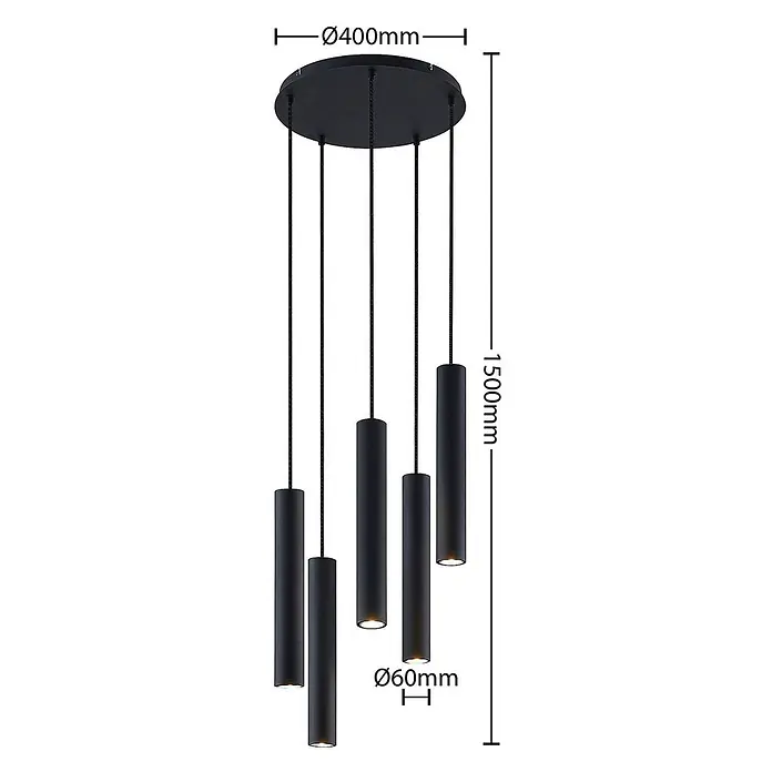 Lindby Pendelleuchte Sanad - L x B x H: 40 x 40 x 40 cm, schwarz, sandSchwarz, GU10 - Moderne schwarze Pendelleuchte mit fünf zylindrischen Schirmen, runder Deckenplatte (Ø400mm) und einer Gesamtlänge von 1500mm.