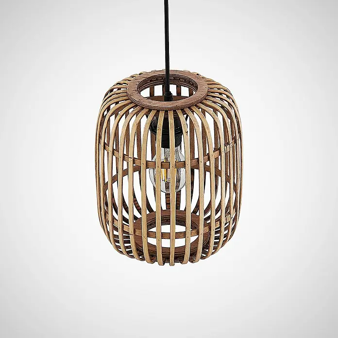 Lindby Pendelleuchte Canyana - L x B x H: 22 x 22 x 25 cm, Holz hell, natur, E27 - Zylindrische Pendelleuchte mit Rattan-Käfigschirm und sichtbarer klarer Glühbirne.