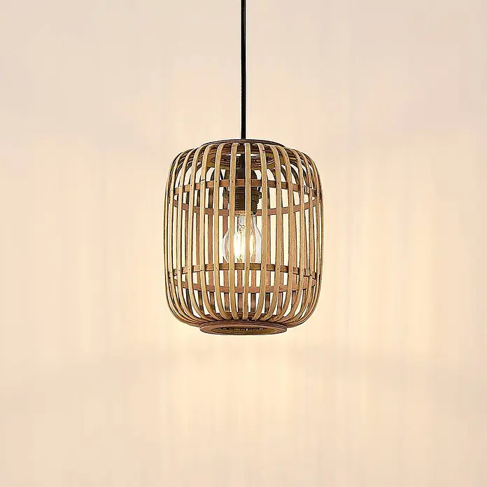 Lindby Pendelleuchte Canyana - L x B x H: 22 x 22 x 25 cm, Holz hell, natur, E27 - Hängelampe aus natürlichem Bambus mit geflochtenem Käfigschirm und sichtbarer Glühbirne.