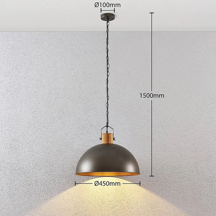 Lindby Pendelleuchte Holgar - L x B x H: 45 x 45 x 37,5 cm, grün, metallisch Grün, holz hell, E27 - Pendelleuchte im Industrial-Stil mit Ø450mm grauem Metallschirm, Holz-Akzent und Ø100mm Deckenhalterung, Gesamtlänge 1500mm.