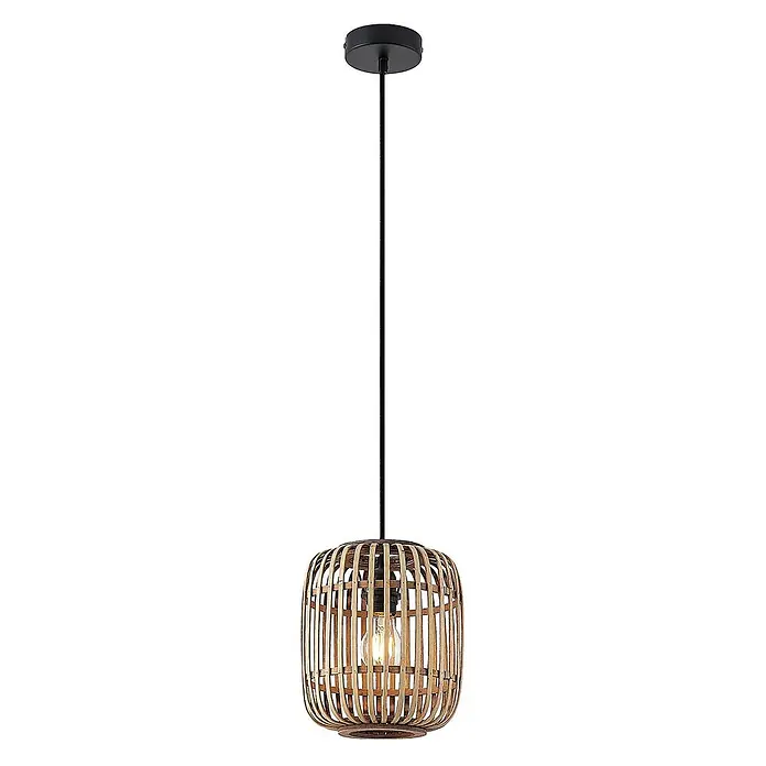 Lindby Pendelleuchte Canyana - L x B x H: 22 x 22 x 25 cm, Holz hell, natur, E27 - Bambus-Pendelleuchte mit schwarzem Baldachin und Kabel, offener Käfigoptik und sichtbarer Glühbirne.