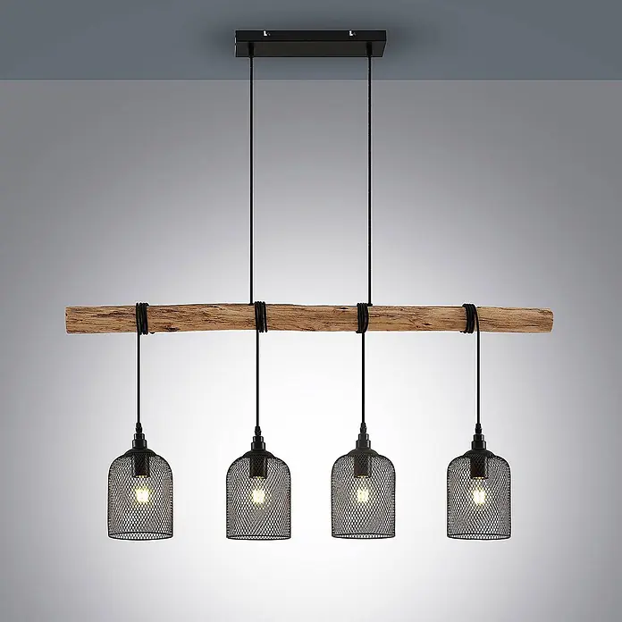 Lindby Pendelleuchte Elrond - L x B x H: 116 x 15 x 24,5 cm, schwarz, Schwarz matt, holz hell, E27 - Industrielle Pendelleuchte mit Naturholz-Balken, schwarzen Gitter-Schirmen und schwarzer Deckenhalterung.