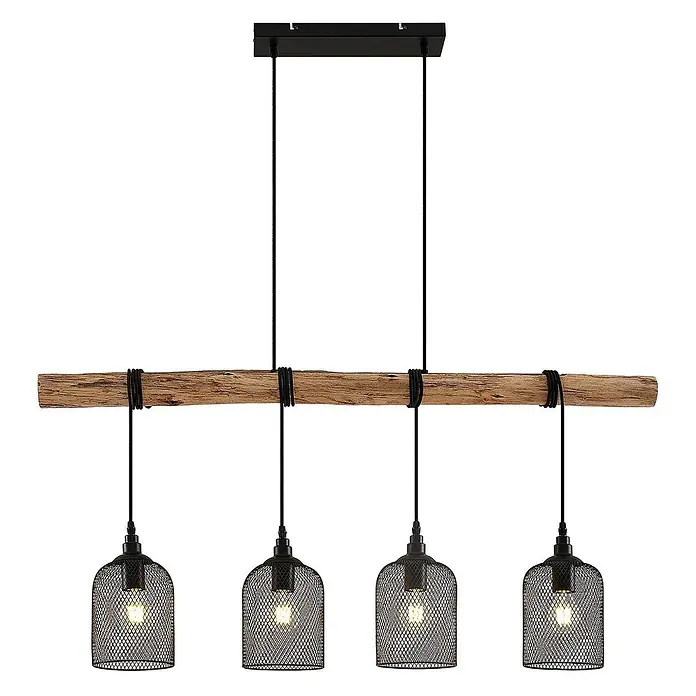 Lindby Pendelleuchte Elrond - L x B x H: 116 x 15 x 24,5 cm, schwarz, Schwarz matt, holz hell, E27 - Vierflammige Pendelleuchte mit Holzbalken und schwarzen Metallgeflecht-Schirmen, aufgehängt an schwarzer Deckenplatte.
