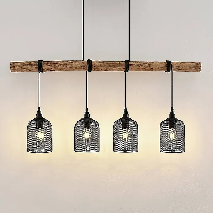 Lindby Pendelleuchte Elrond - L x B x H: 116 x 15 x 24,5 cm, schwarz, Schwarz matt, holz hell, E27 - Rustikale Pendelleuchte mit langem Holzbalken und vier schwarzen Metallgeflecht-Schirmen, beleuchtet.