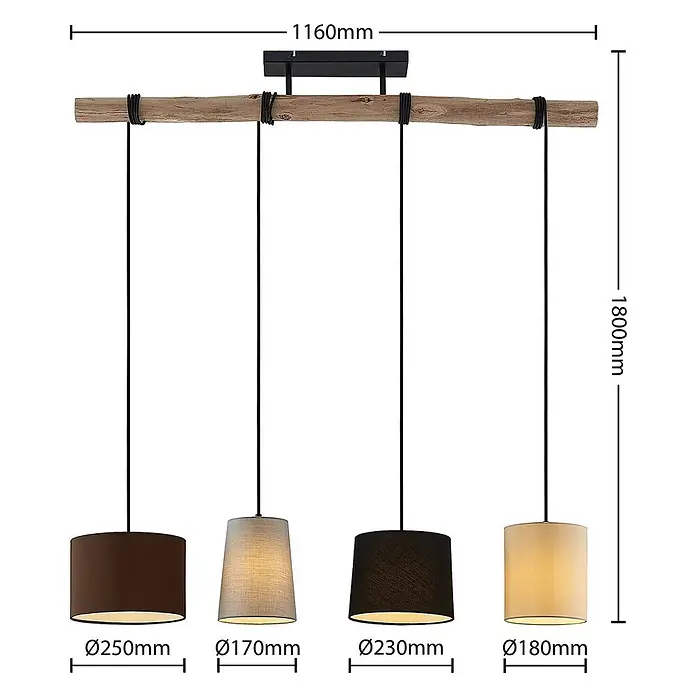 Lindby Pendelleuchte Amilia - Multicolour, Holz natur, Schwarz, grau, beige, braun, E27 - Vierflammige Pendelleuchte mit Naturholzbalken und vier unterschiedlich farbigen Stoffschirmen. Gesamtbreite 1160mm, Gesamthöhe 1800mm.