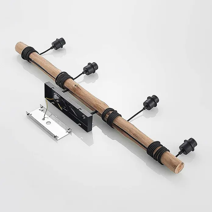 Lindby Pendelleuchte Amilia - Multicolour, Holz natur, Schwarz, grau, beige, braun, E27 - Deckenleuchte aus Holzbalken mit vier schwarzen Lampenfassungen und Verkabelung, montagefertig.