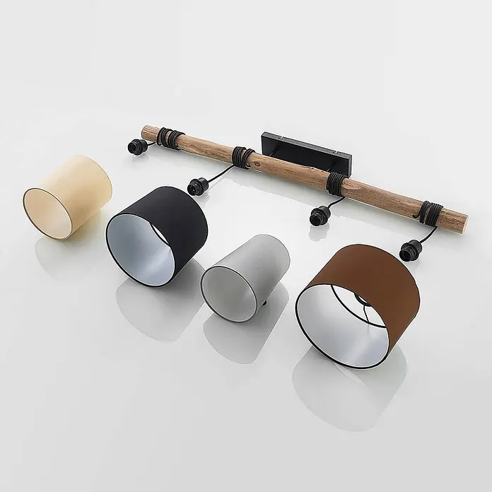 Lindby Pendelleuchte Amilia - Multicolour, Holz natur, Schwarz, grau, beige, braun, E27 - Deckenleuchte mit Holzleiste und vier abgenommenen Lampenschirmen in Beige, Schwarz, Grau und Braun.